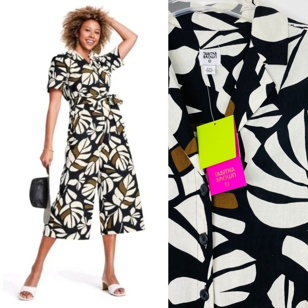 Tabitha Brown Women's Jumpsuit XXS Brown Palm Print One Piece Short Sleeve New